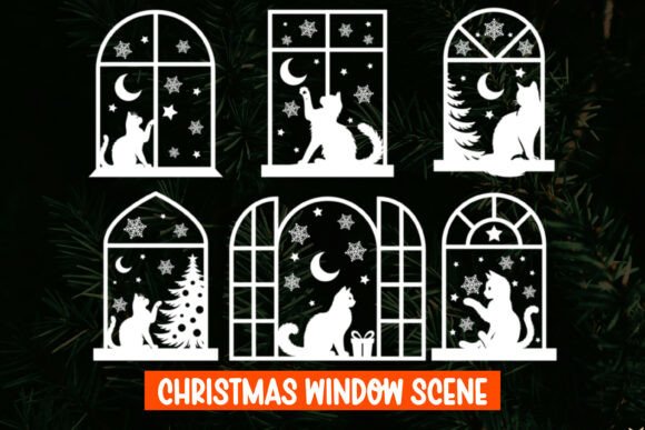 6 Christmas Cat Window Decal SVG