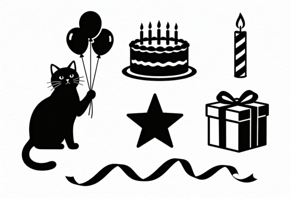 Black Cat Birthday Party Icons SVG