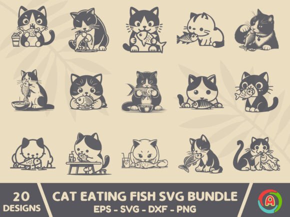 Cat Eating Fish Svg Bundle