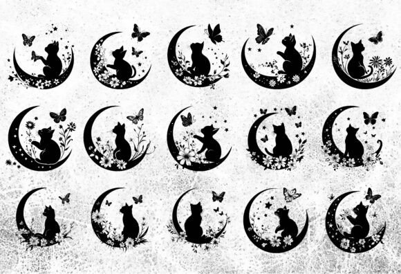 Cat Moon with Flower SVG Bundle Cut File