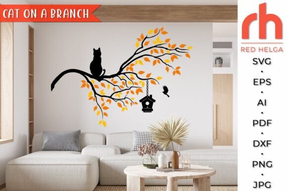Cat on a Branch SVG, Fall Tree Cut File