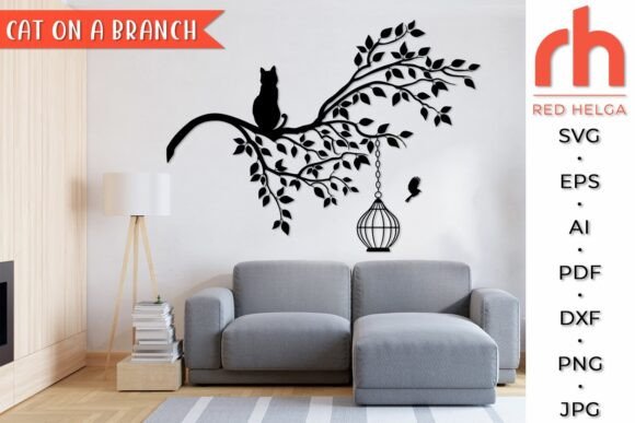 Cat on a Branch SVG, Tree Cut File