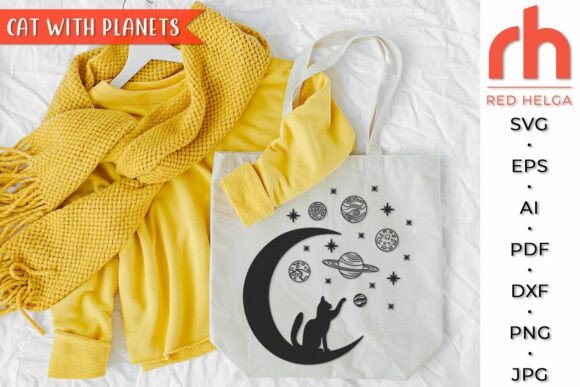 Cat with Planets SVG, Crescent Moon DXF