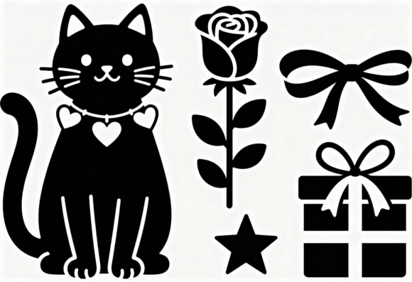 Cute Black Cat Rose Gift Bow Star SVG