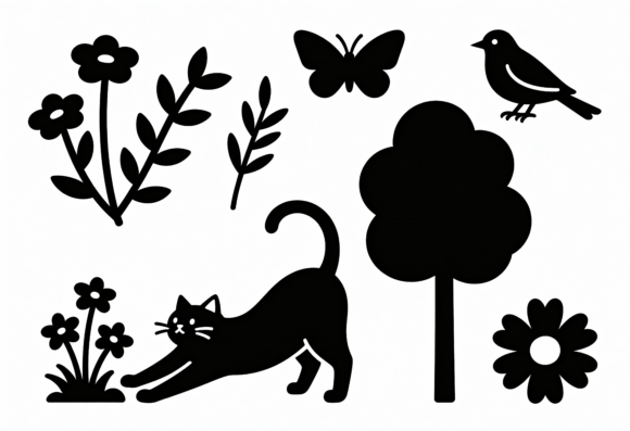 Cute Cat Butterfly Bird Flower Tree SVG