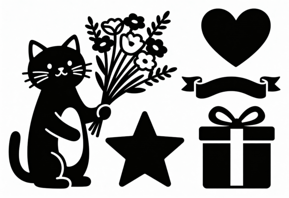 Cute Cat Flowers Gift Star Heart SVG