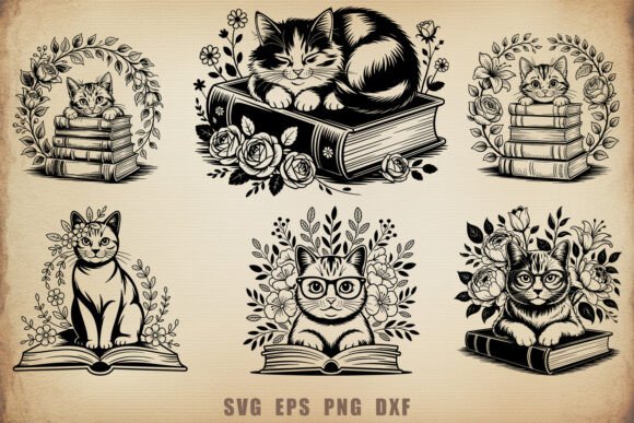 Cute Cat with Flowers Books SVG Bundle