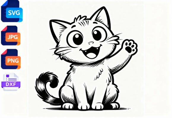 Cute Waving Cat Black and White SVG