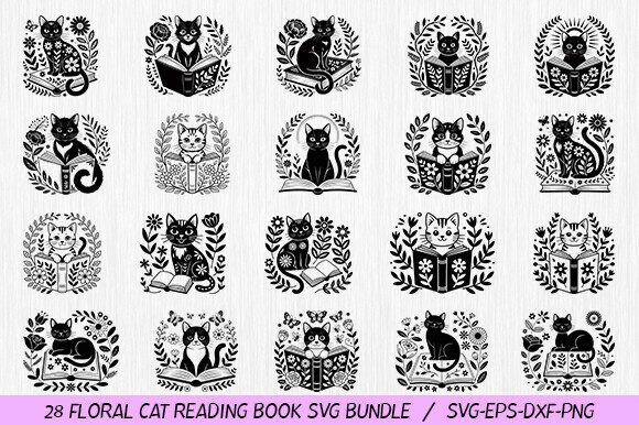 Floral Cat Reading Book SVG Bundle