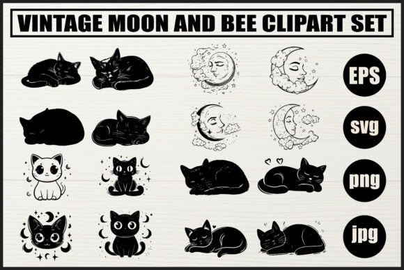 Vintage Moon Cat Clipart Bundle
